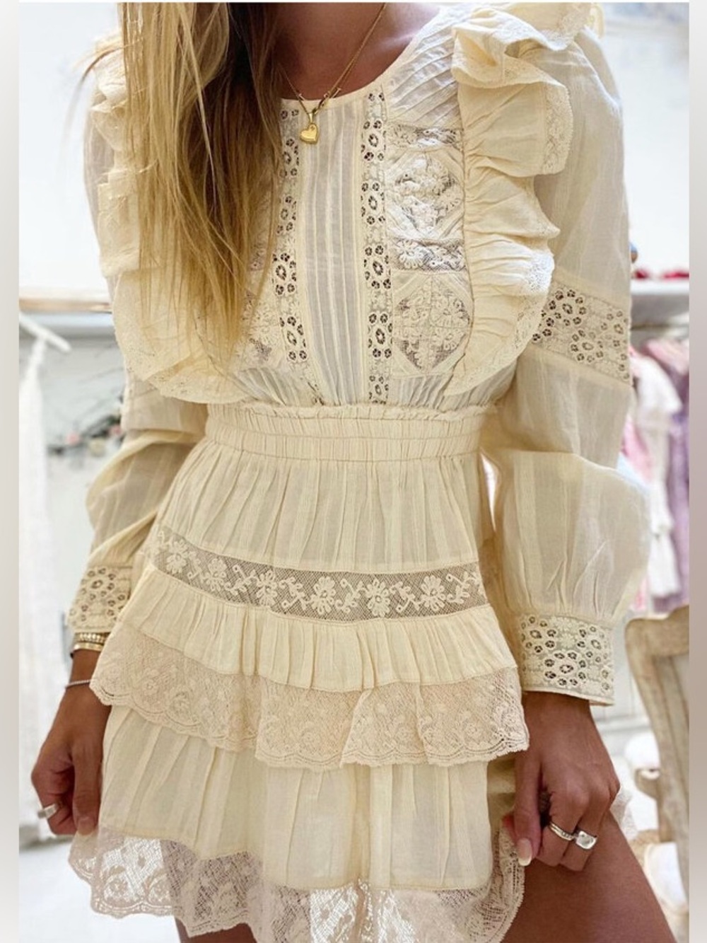 NWT LoveShackFancy Santorini Cream Embroidered Lace Ruffle Tiered Dress L